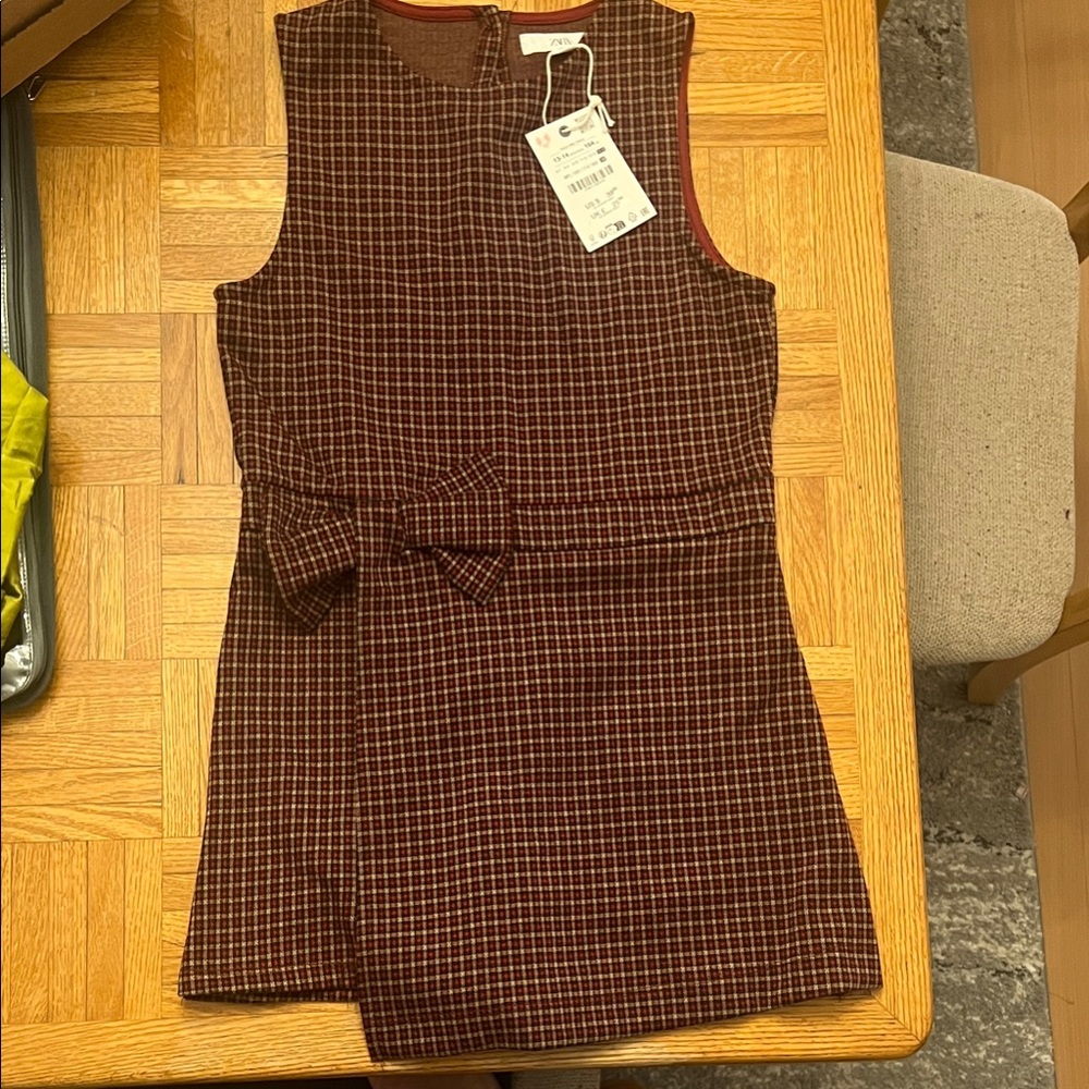 Zara Girls Burgundy Plaid Sleeveless Dress with Waist Bow